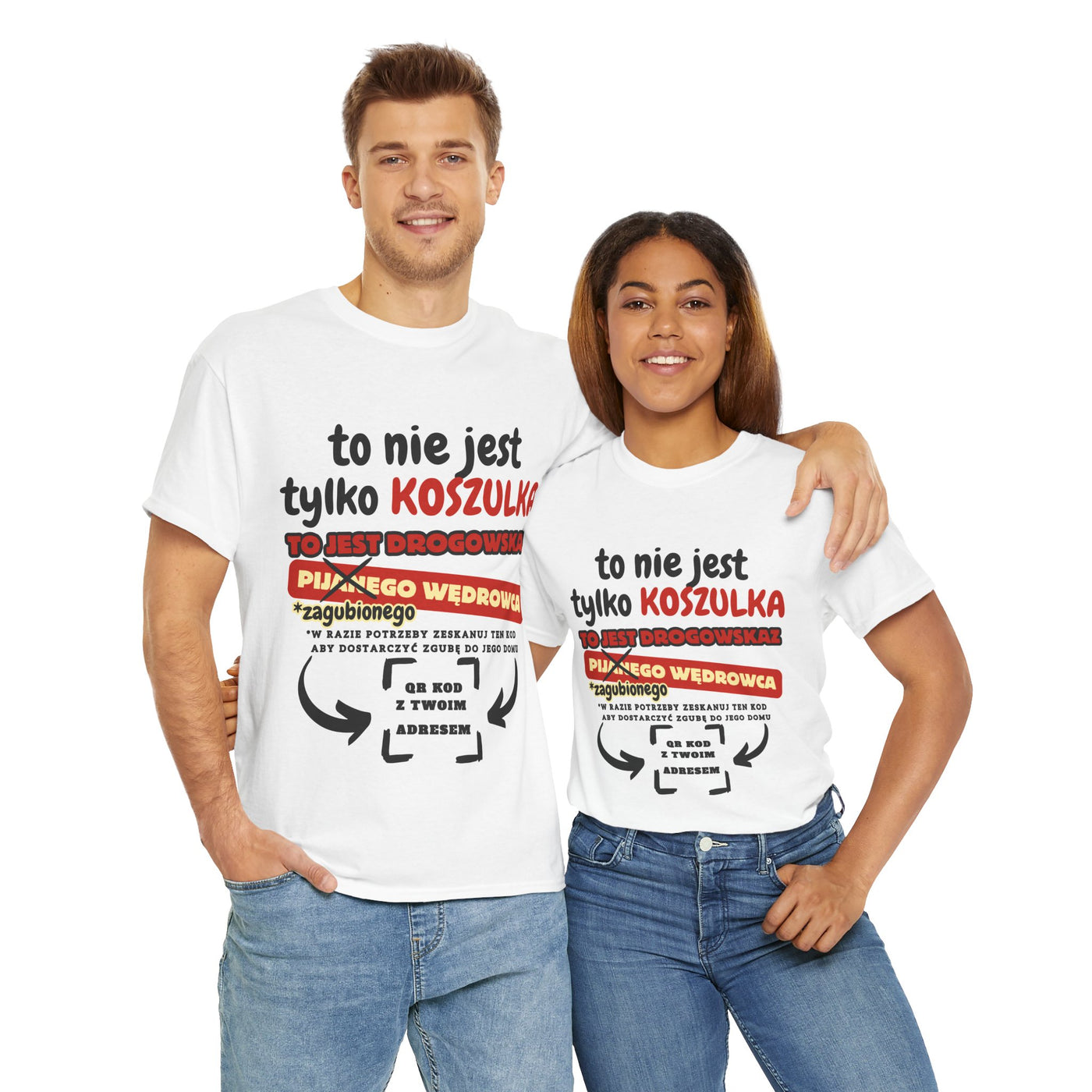 Unisex Zabawny T-Shirt Pijany Wędrowiec z własnym QR Code