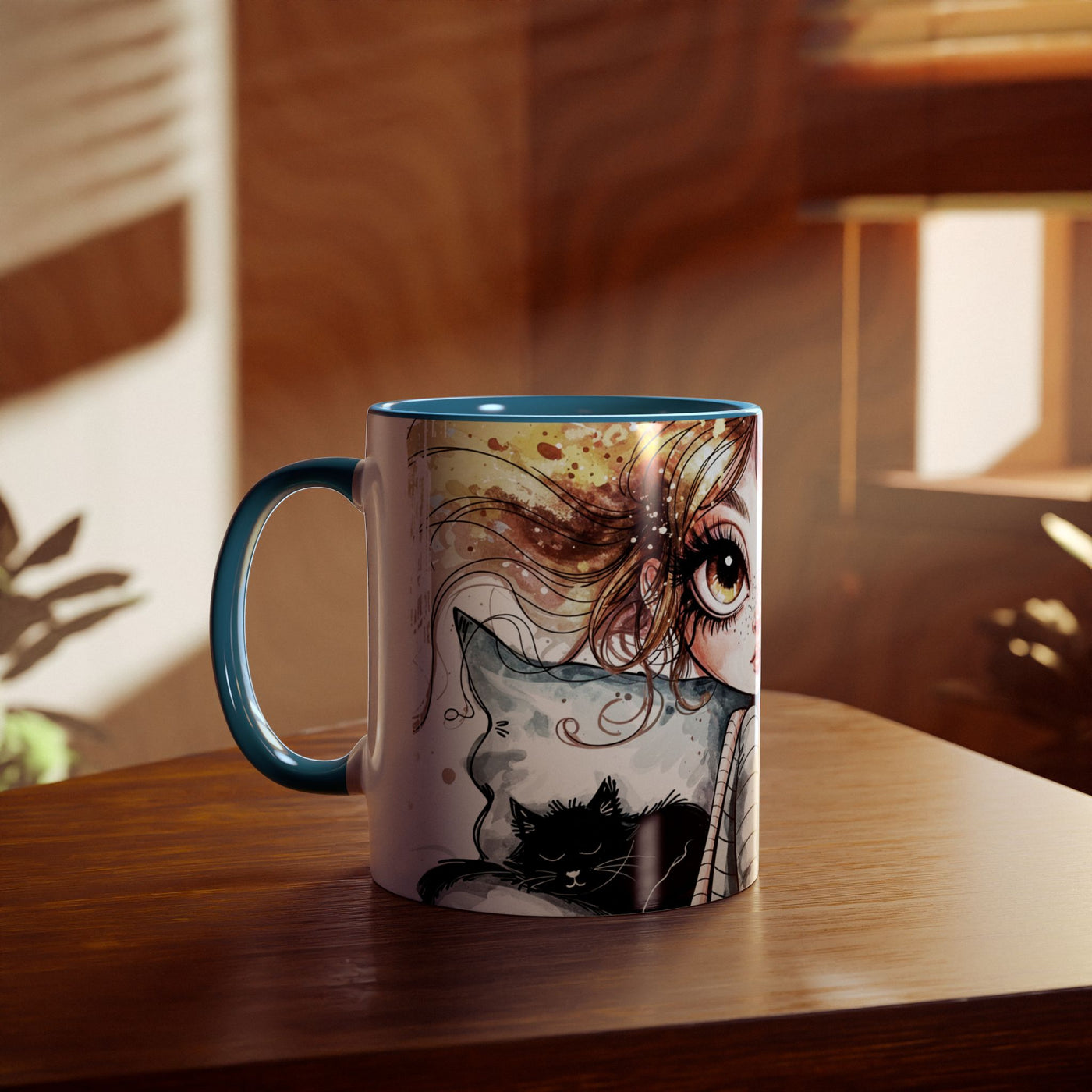 Whimsical Cat Lover's Two-Tone Coffee Mug - 11oz Artistic Design
