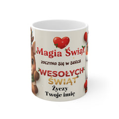 Personalizowany kubek „Magia Świąt zaczyna się w sercu” – świąteczny kubek z Mikołajem i reniferem | Prezent na Święta | Biały ceramiczny kubek na kawę i herbatę