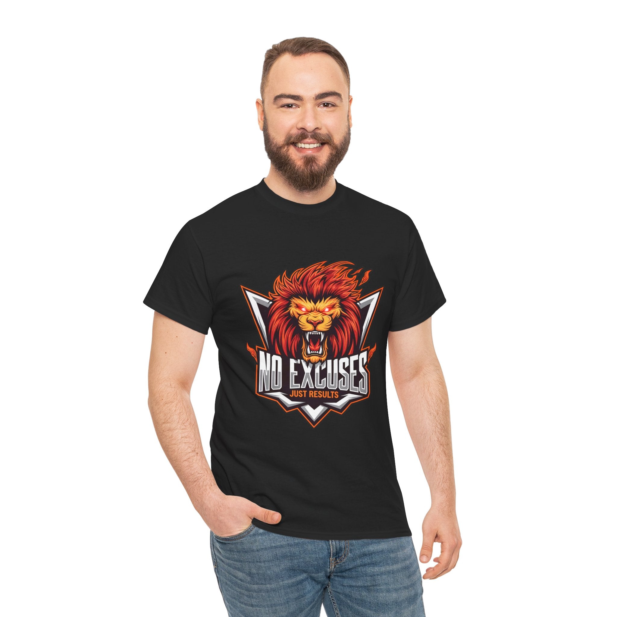 Motivational Lion Graphic Tee - 'No Excuses, Just Results'