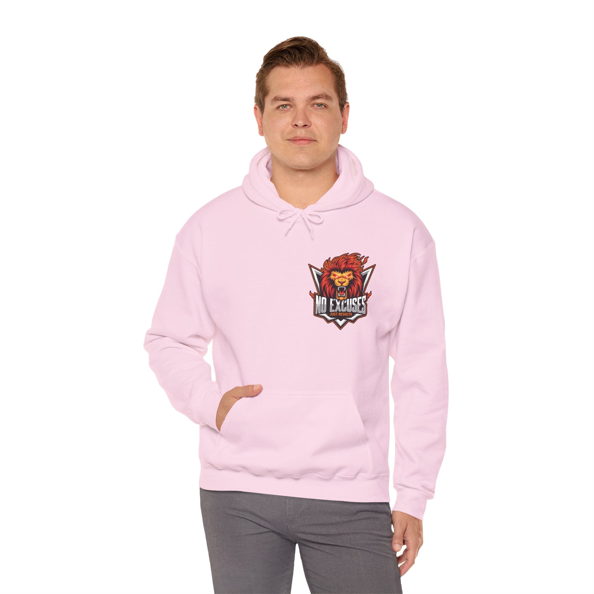 No Excuses Lion Graphic Hoodie - Motivational Unisex Heavy Blend Pullover for Fitness Enthusiasts