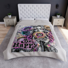 Koc z aksamitu Crushed Velvet „Be Happy”