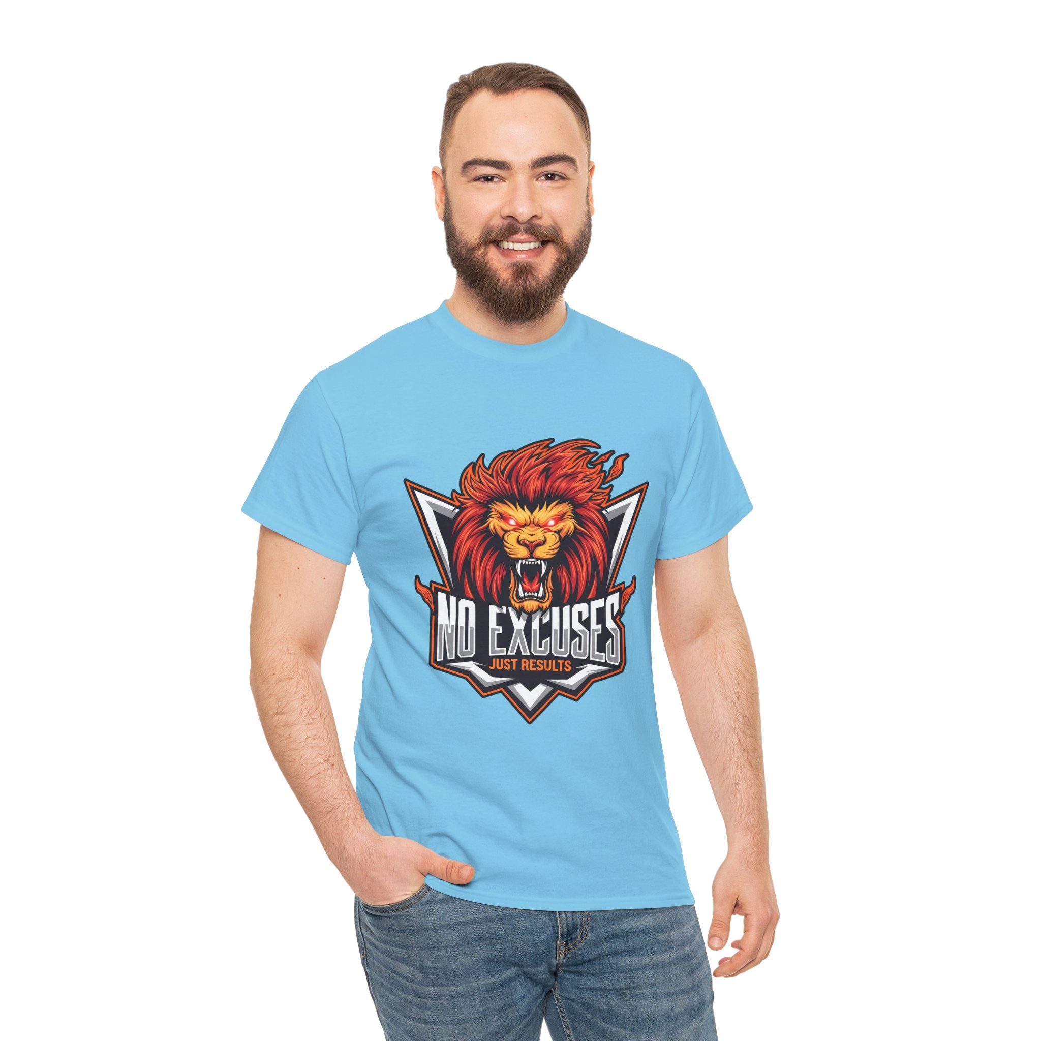 Motivational Lion Graphic Tee - 'No Excuses, Just Results'