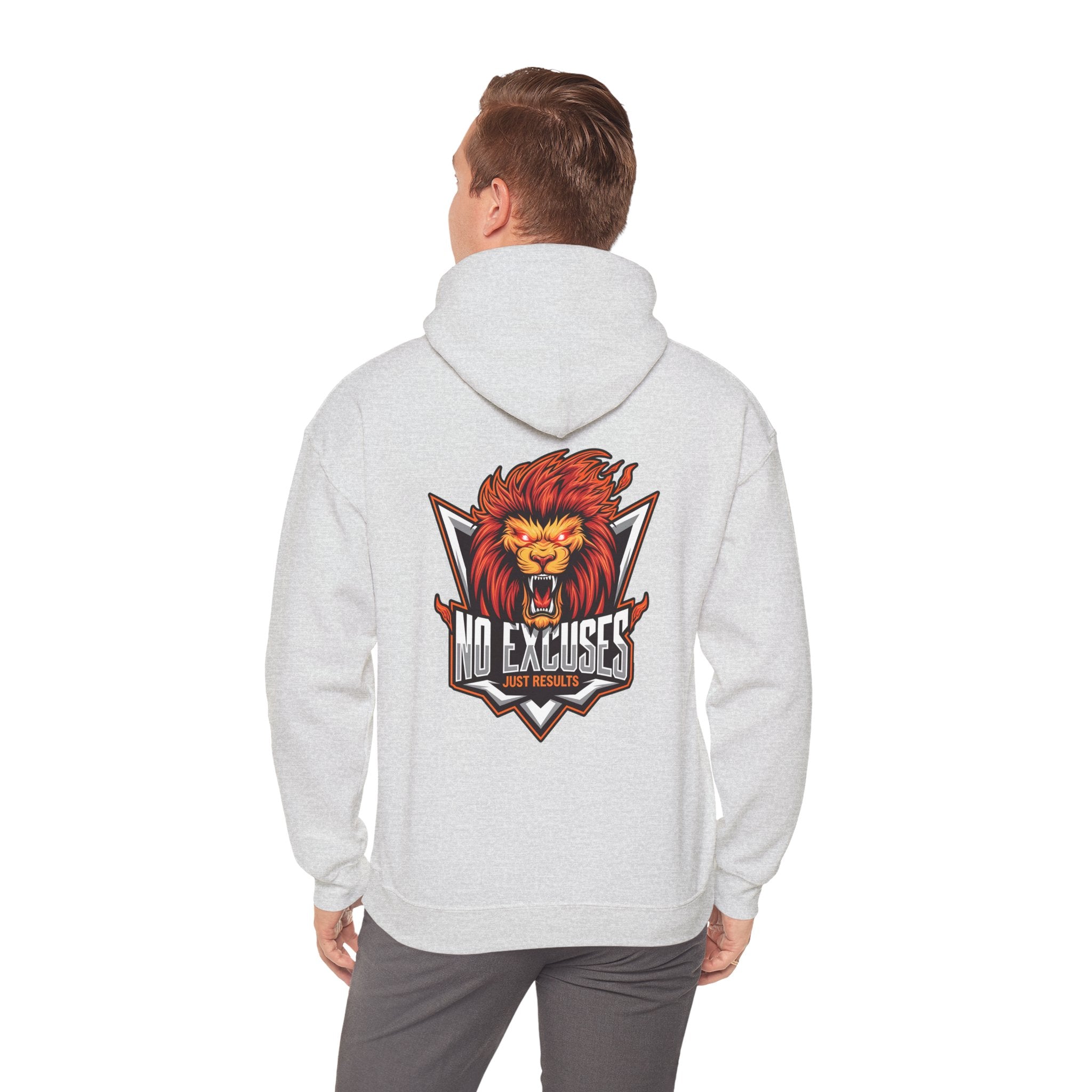 No Excuses Lion Graphic Hoodie - Motivational Unisex Heavy Blend Pullover for Fitness Enthusiasts