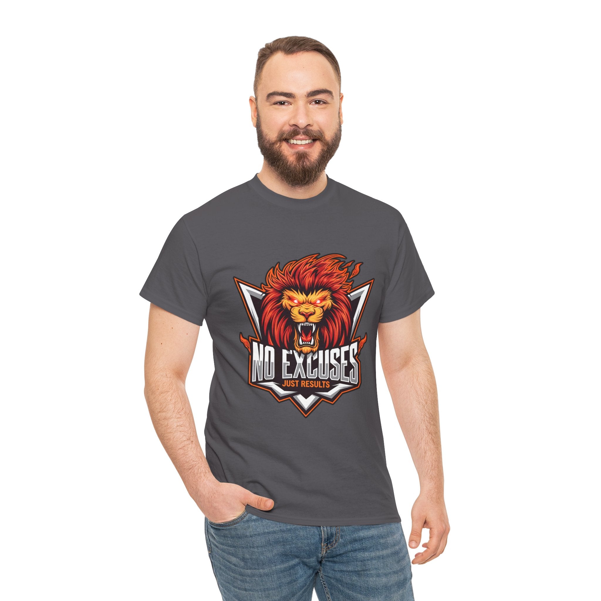 Motivational Lion Graphic Tee - 'No Excuses, Just Results'