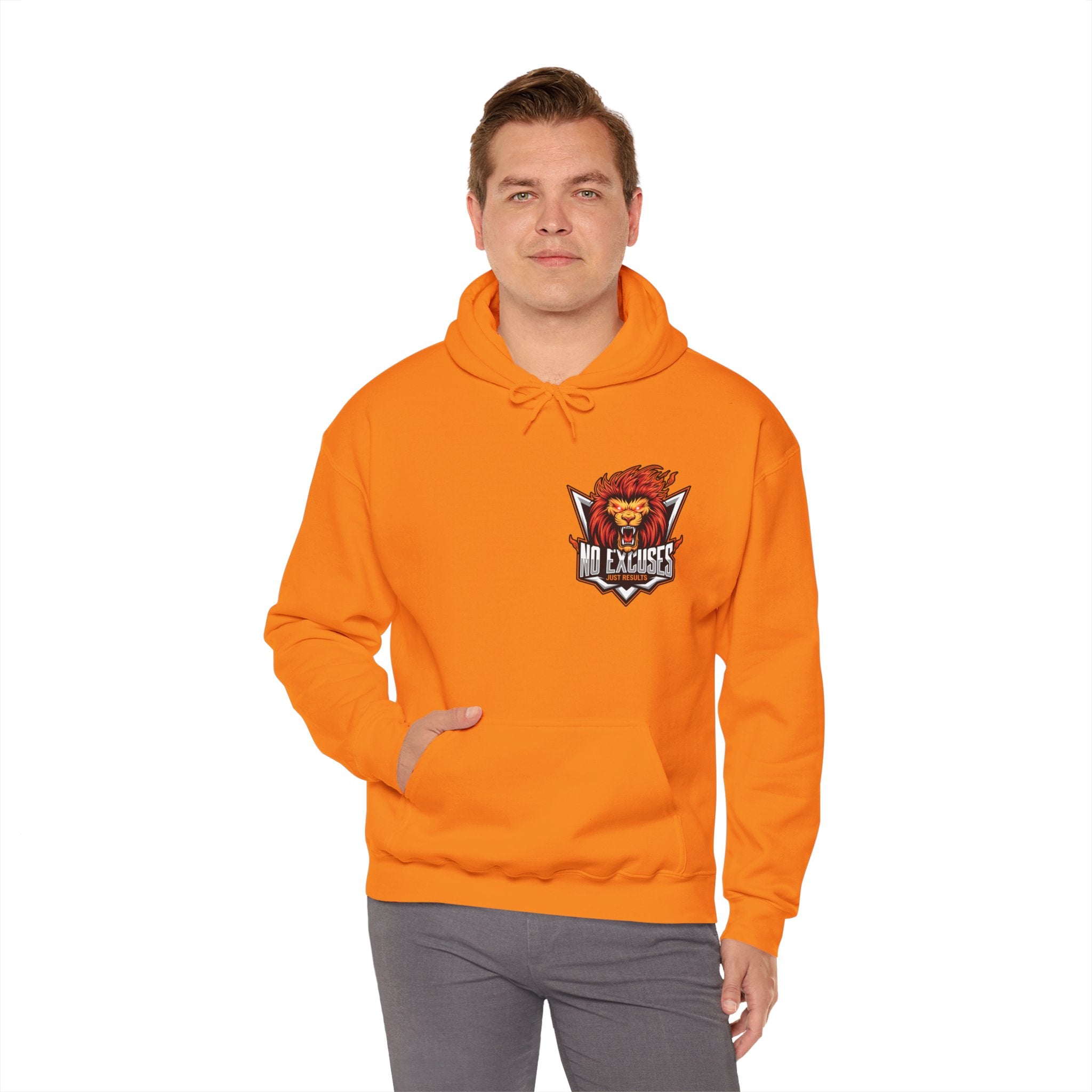 No Excuses Lion Graphic Hoodie - Motivational Unisex Heavy Blend Pullover for Fitness Enthusiasts