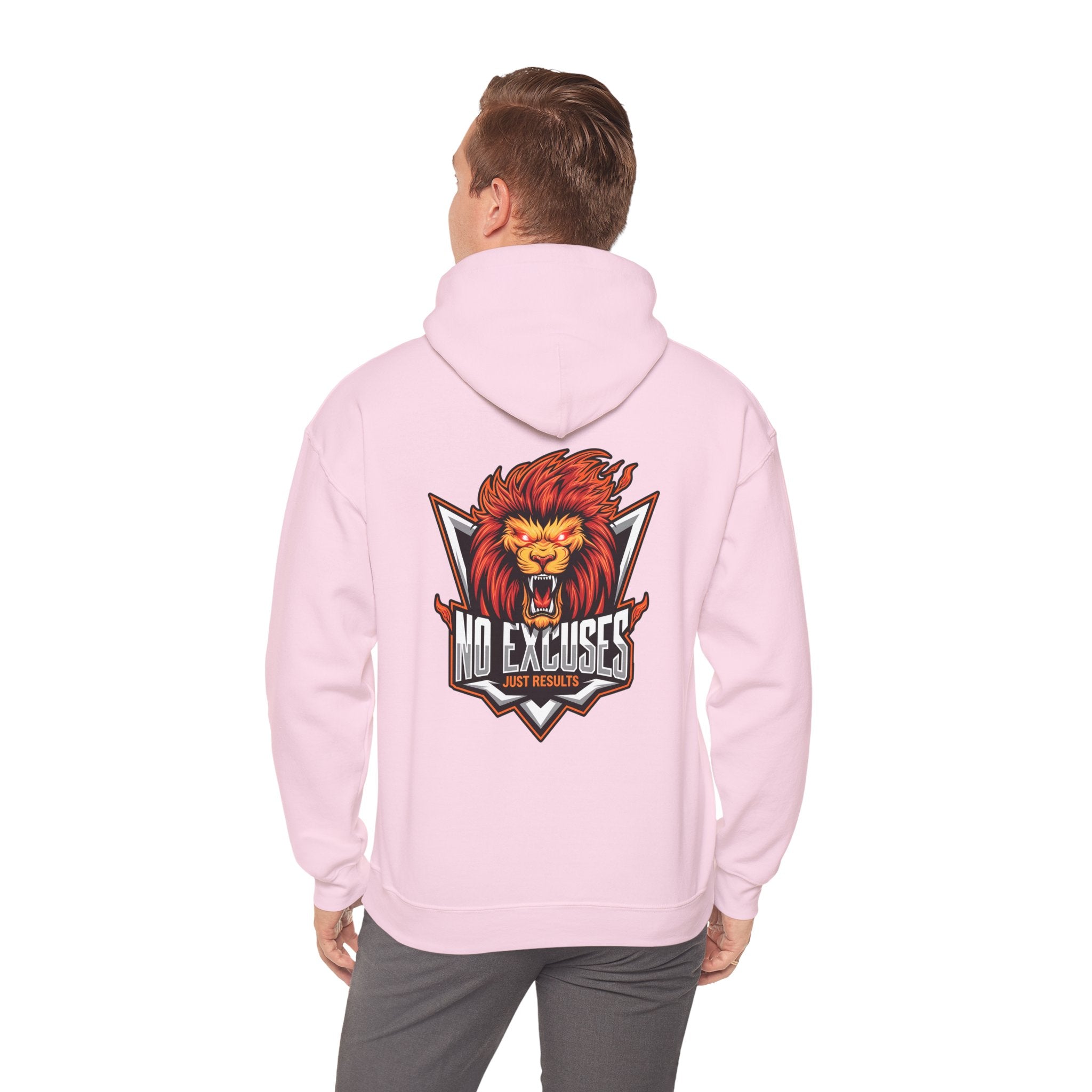 No Excuses Lion Graphic Hoodie - Motivational Unisex Heavy Blend Pullover for Fitness Enthusiasts