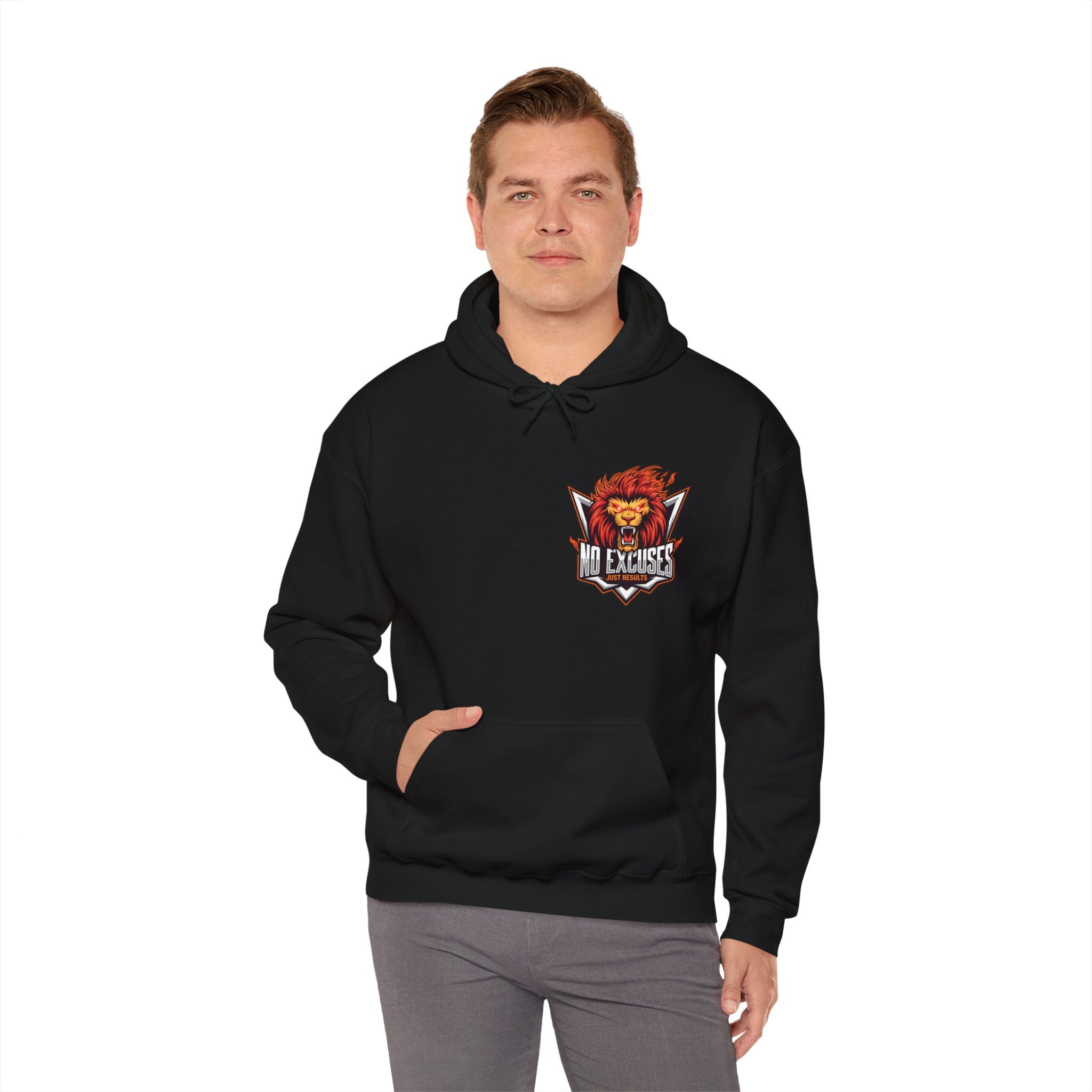 No Excuses Lion Graphic Hoodie - Motivational Unisex Heavy Blend Pullover for Fitness Enthusiasts