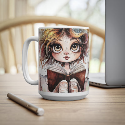 Whimsical Reading Girl Ceramic Coffee Mug - Perfect for Book Lovers | 11oz & 15oz Sizes