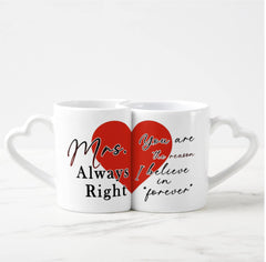 Mr. Right & Mrs. Always Right Matching Couple Mug Set – Heart Handle Ceramic Coffee Mugs – Valentine’s, Wedding, or Anniversary Gift