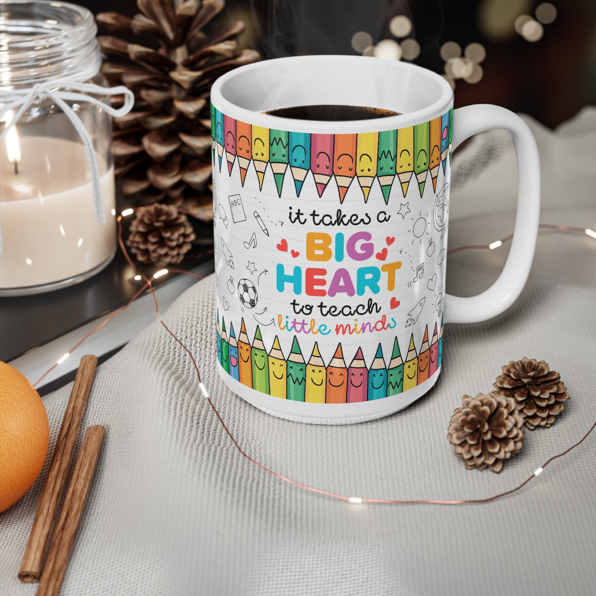 Ceramic Teacher Coffee Cup - "It Takes a Big Heart to Teach Little Minds" - Perfect Gift for Educators, Desk Decor, Classroom Essentials