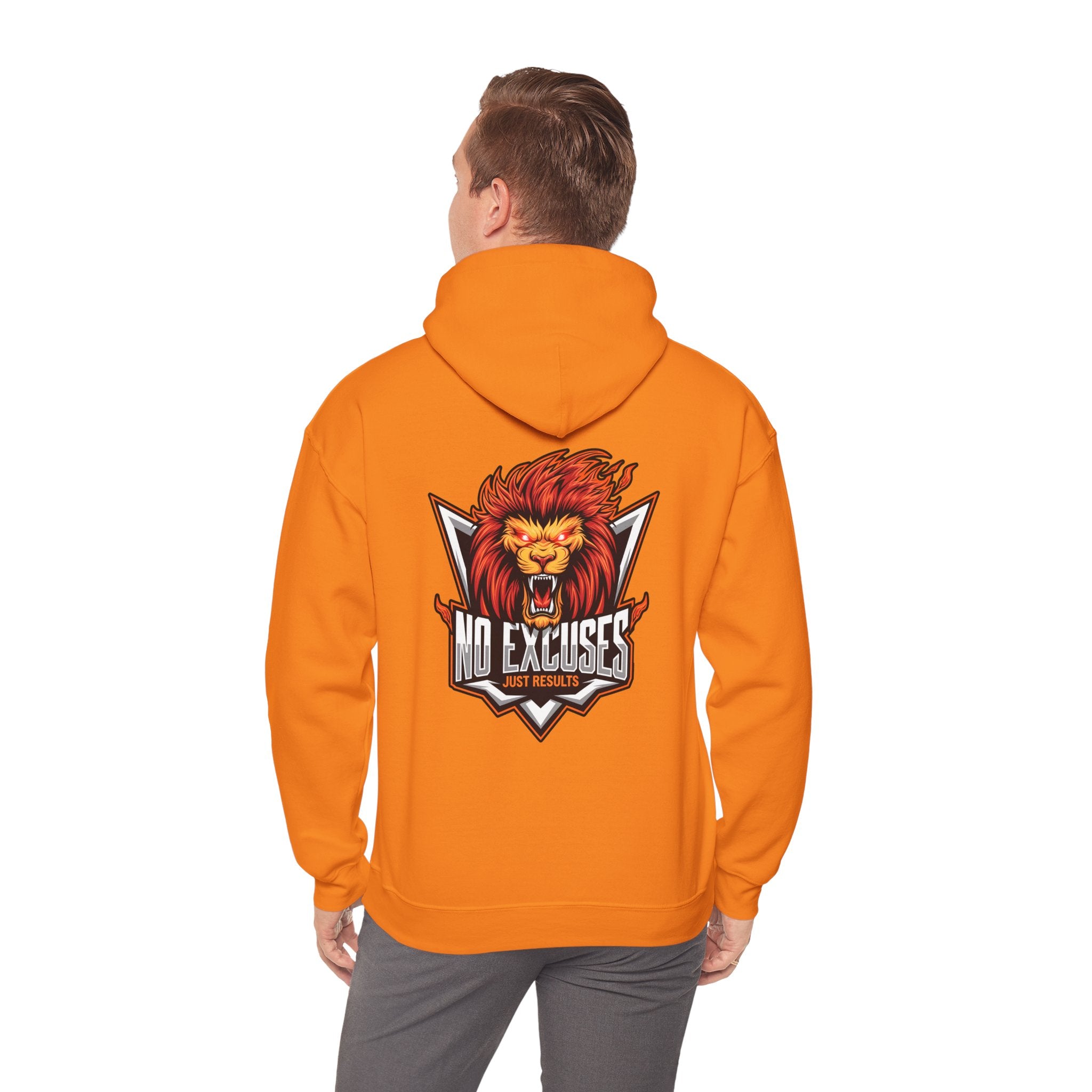 No Excuses Lion Graphic Hoodie - Motivational Unisex Heavy Blend Pullover for Fitness Enthusiasts