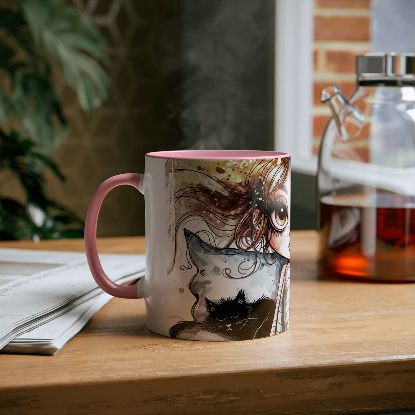 Whimsical Cat Lover's Two-Tone Coffee Mug - 11oz Artistic Design
