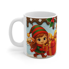 Festive Christmas Mug, Holiday Gift, Elf and Gifts Design, Winter Decor, Cute Coffee Cup, Seasonal Beverage Mug