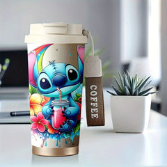 Stitch Floral 18oz Stainless Steel Travel Mug – Insulated Tumbler with Lid for Hot & Cold Drinks | Reusable Coffee Cup with Colorful Tropical Design