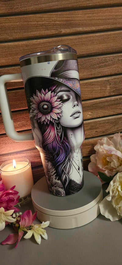 Floral 40 oz Travel Mug with afirmation quote