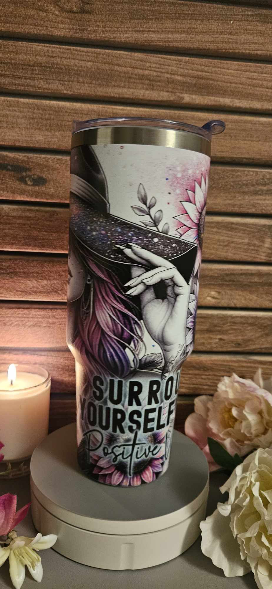 Floral 40 oz Travel Mug with afirmation quote