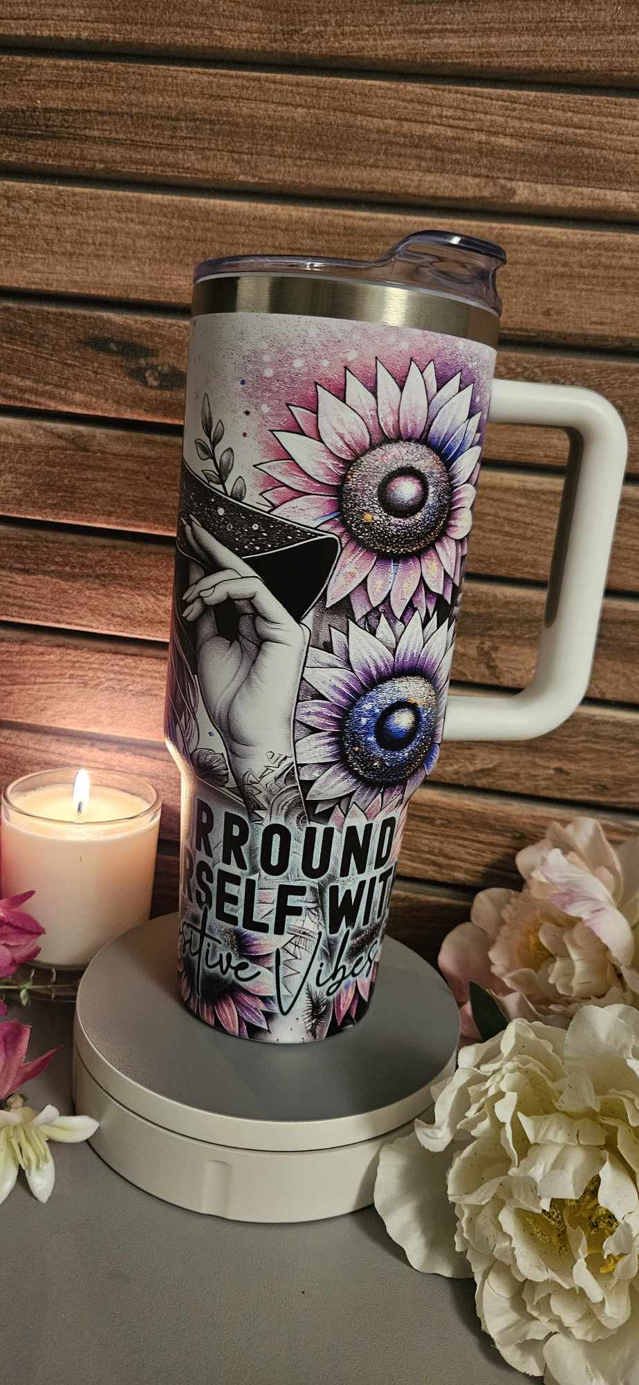 Floral 40 oz Travel Mug with afirmation quote