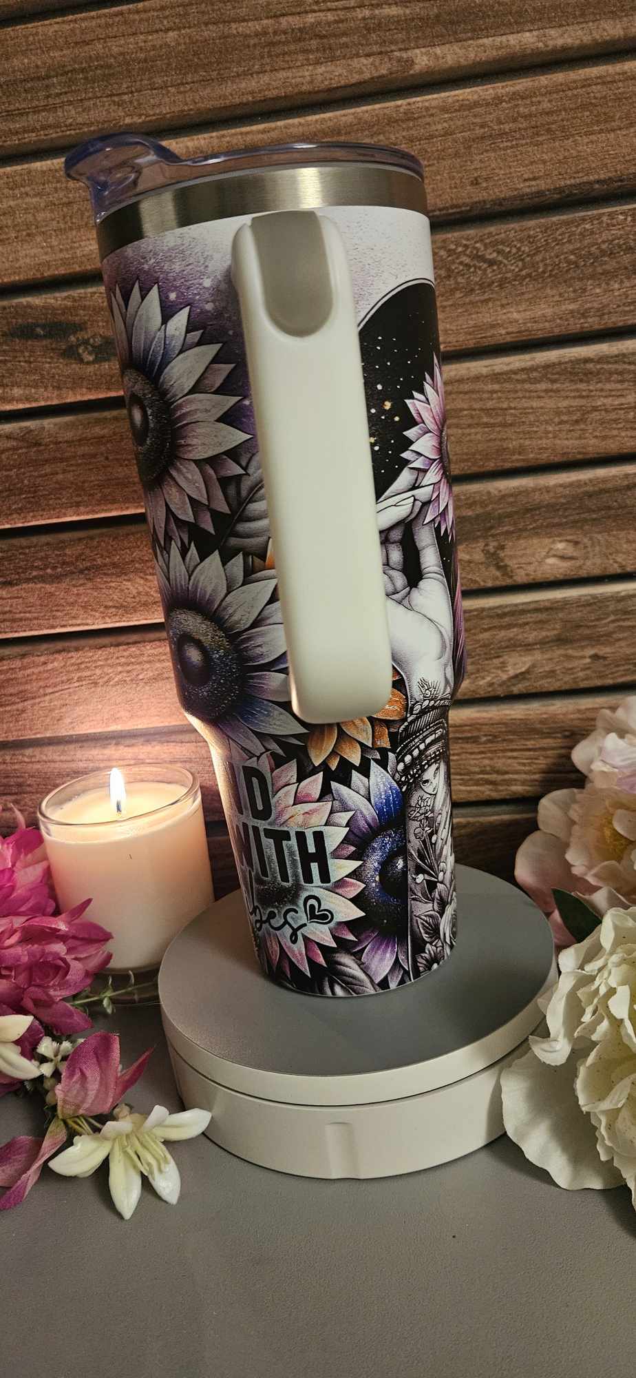 Floral 40 oz Travel Mug with afirmation quote