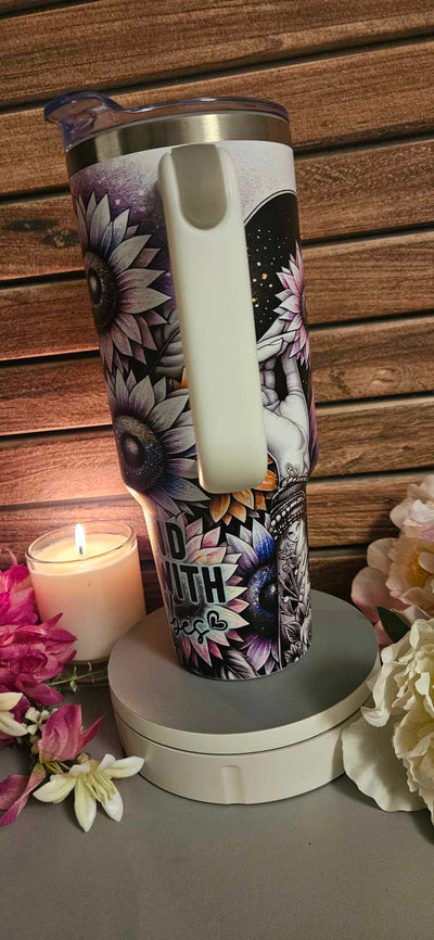 Floral 40 oz Travel Mug with afirmation quote