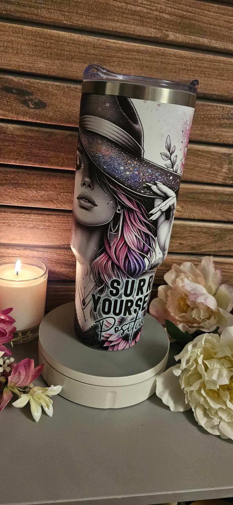 Floral 40 oz Travel Mug with afirmation quote