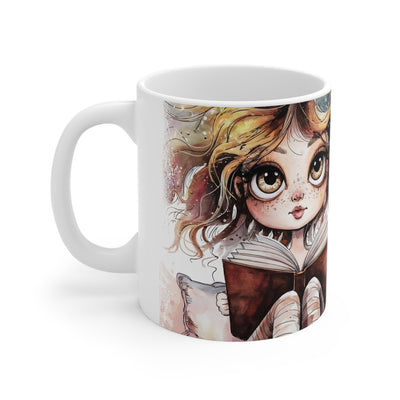 Whimsical Reading Girl Ceramic Coffee Mug - Perfect for Book Lovers | 11oz & 15oz Sizes