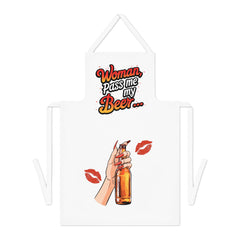 Funny BBQ Apron – "Woman, Pass Me My Beer…" | Adult Cooking Apron with Bold Print | 100% Cotton with Sublimation Coating