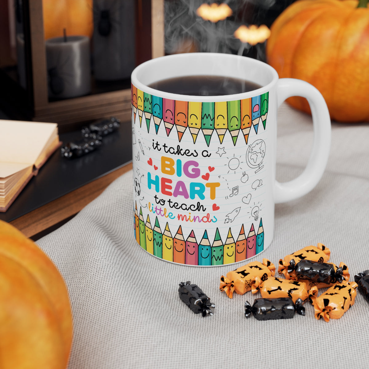 Ceramic Teacher Coffee Cup - "It Takes a Big Heart to Teach Little Minds" - Perfect Gift for Educators, Desk Decor, Classroom Essentials