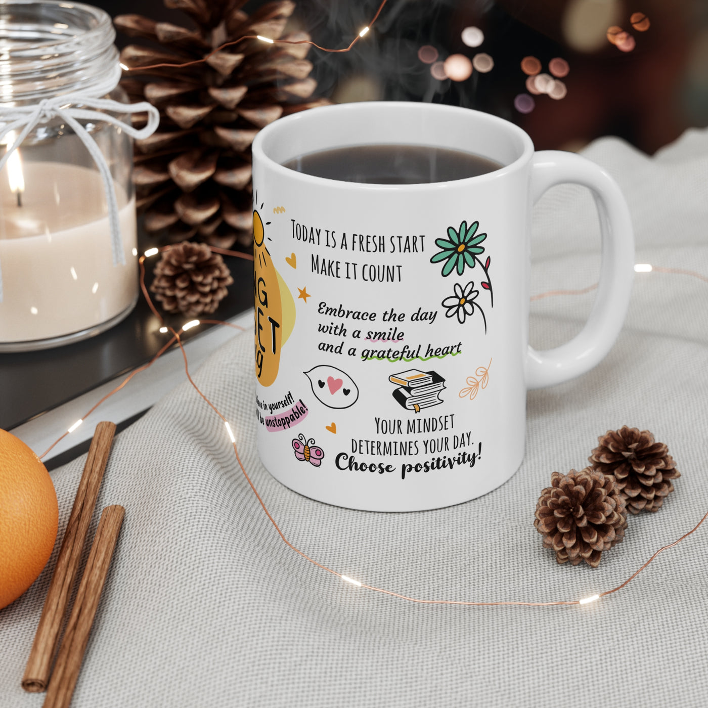 Morning Mindset Afirmation White Coffee Mug, 11/15oz