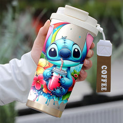 Stitch Floral 18oz Stainless Steel Travel Mug – Insulated Tumbler with Lid for Hot & Cold Drinks | Reusable Coffee Cup with Colorful Tropical Design