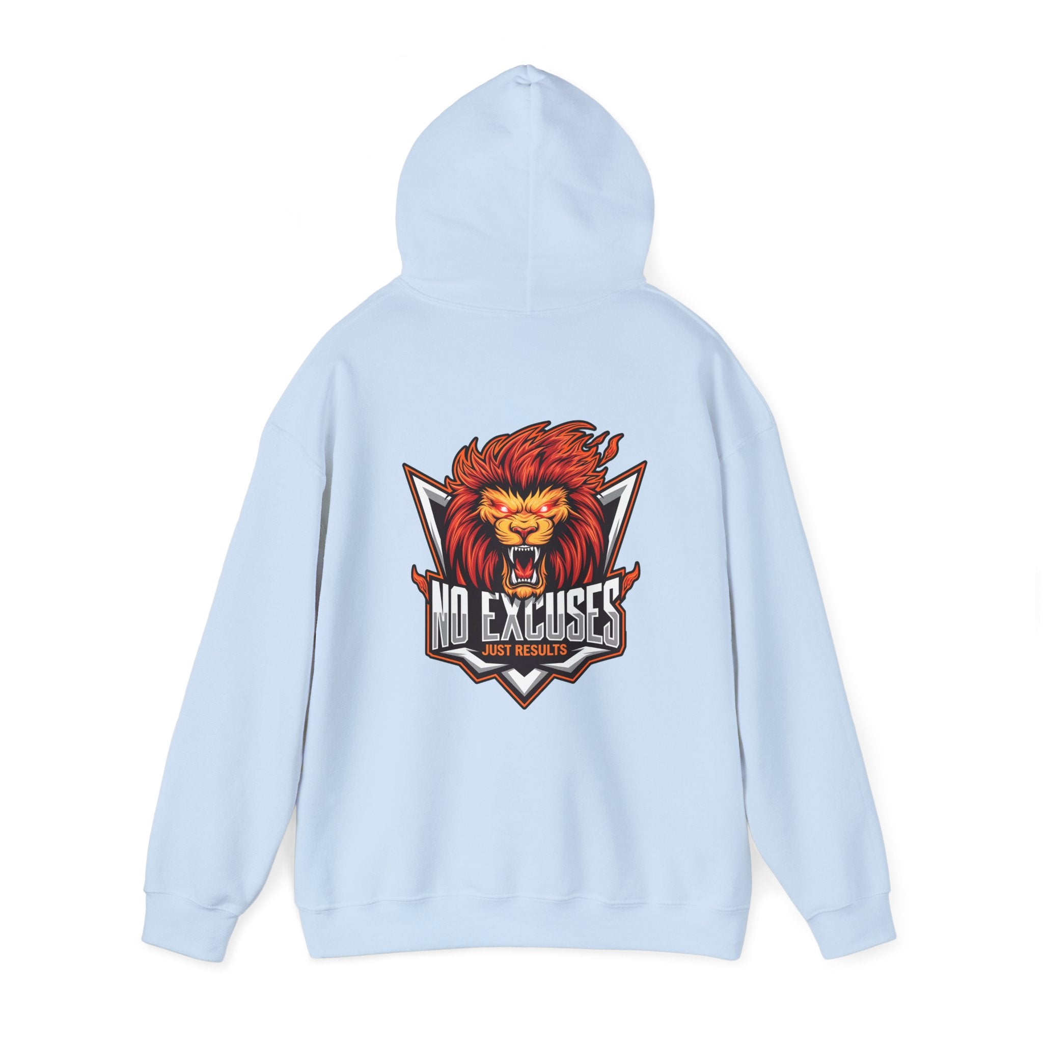 No Excuses Lion Graphic Hoodie - Motivational Unisex Heavy Blend Pullover for Fitness Enthusiasts