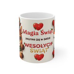 Kubek „Magia Świąt zaczyna się w sercu” – świąteczny kubek z Mikołajem i reniferem | Prezent na Święta | Biały ceramiczny kubek na kawę i herbatę