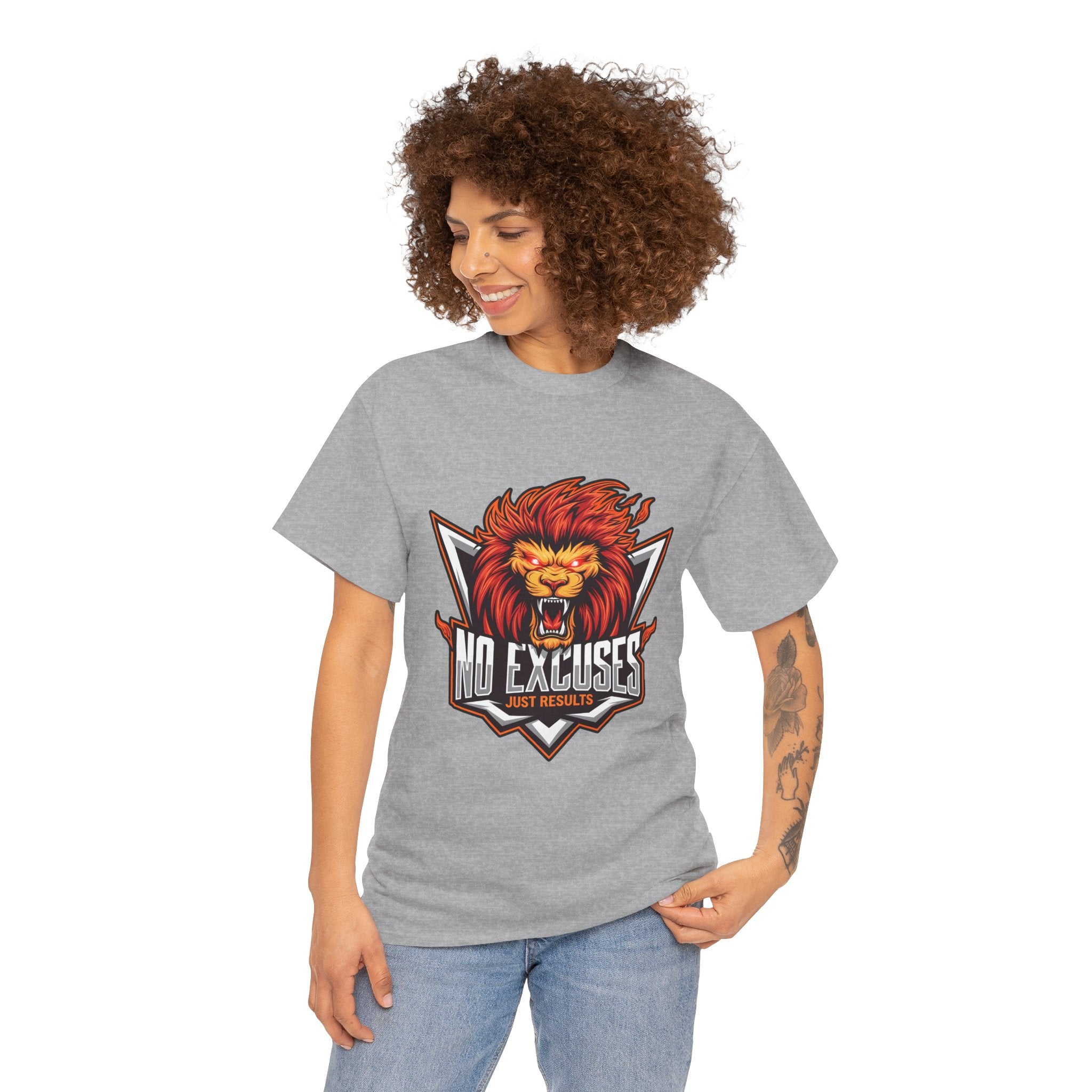 Motivational Lion Graphic Tee - 'No Excuses, Just Results'