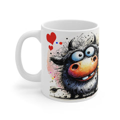 Kubek ceramiczny 330 ml – „Kocham Cię jak kaczka wodę, krowa trawę, świna błoto… Ulubiony debil mój” | humorystyczny kubek z krową