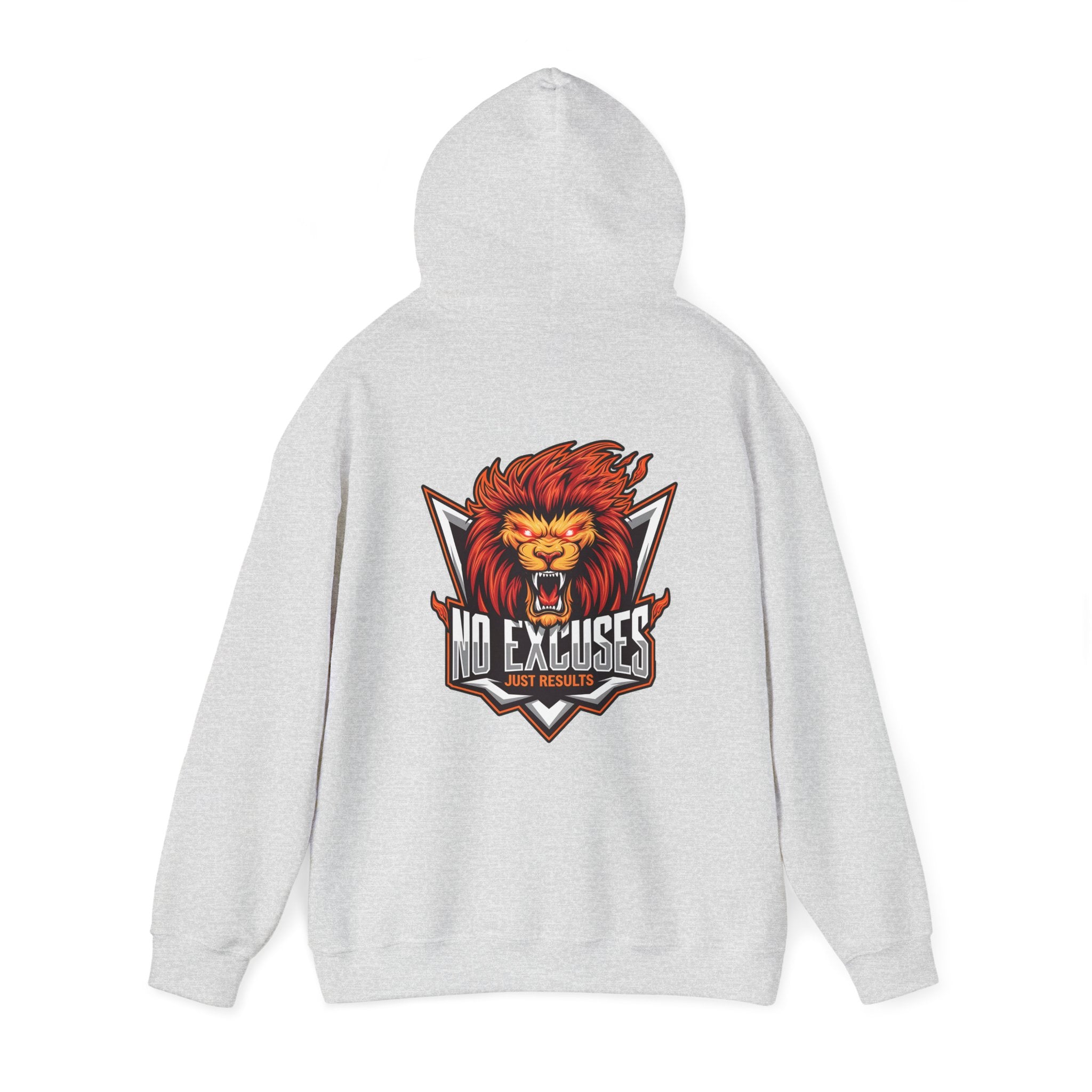 No Excuses Lion Graphic Hoodie - Motivational Unisex Heavy Blend Pullover for Fitness Enthusiasts