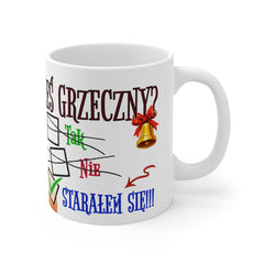 Kubek „Byłeś grzeczny?” – śmieszny świąteczny kubek z przystojnym Mikołajem | Prezent na Święta | Biały ceramiczny kubek na kawę i herbatę