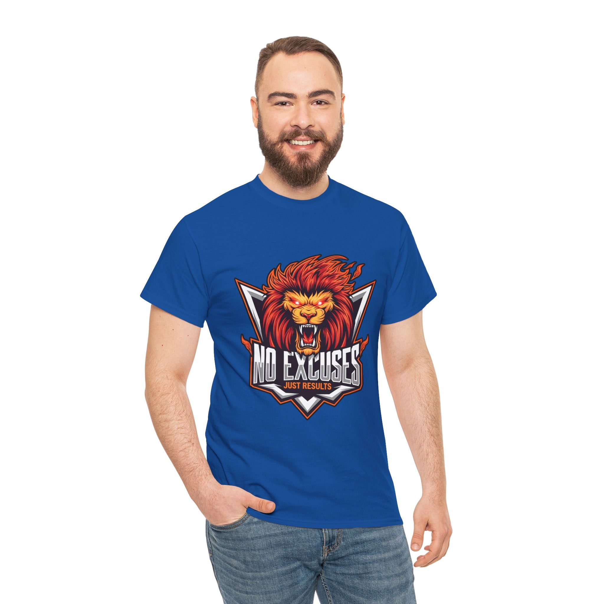 Motivational Lion Graphic Tee - 'No Excuses, Just Results'