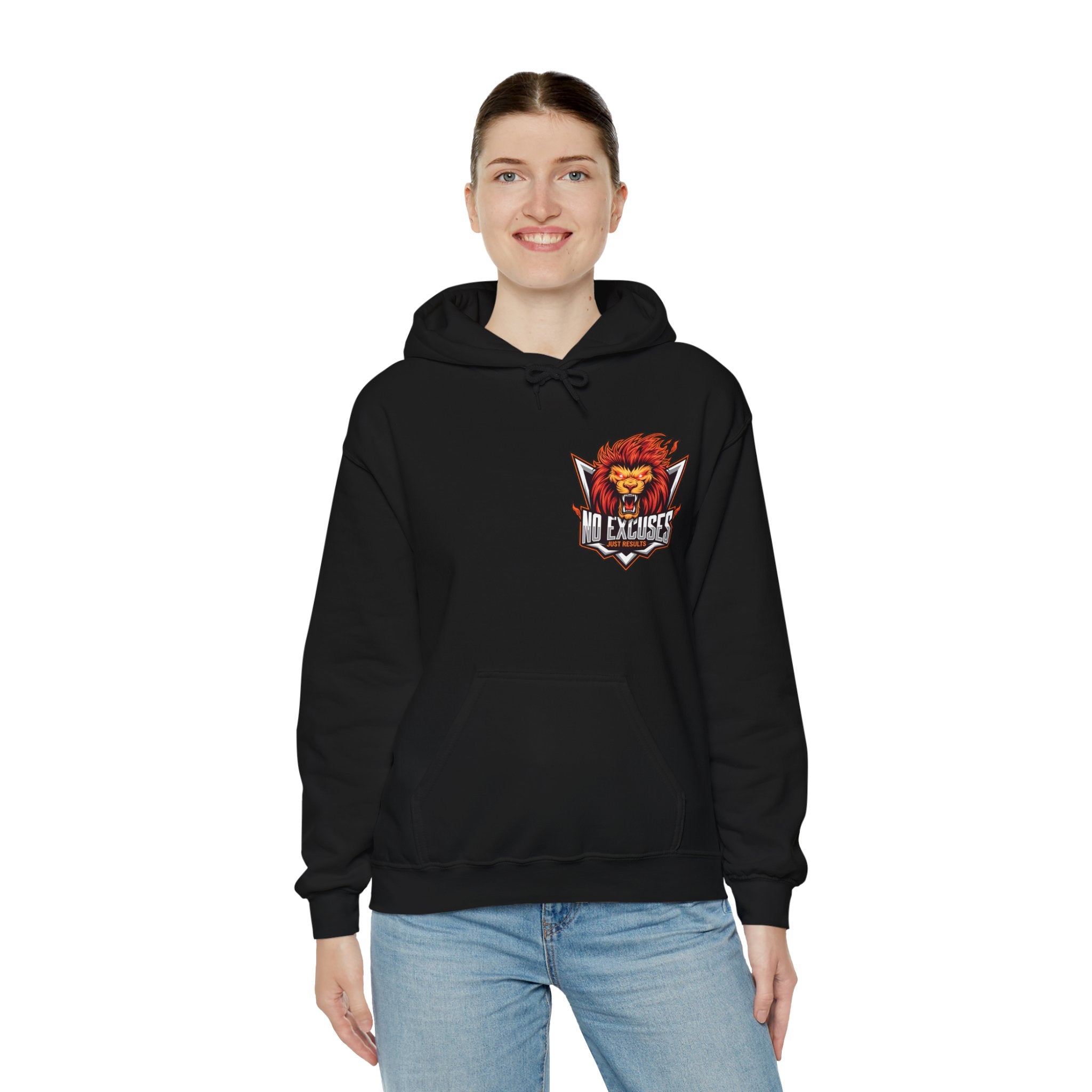 No Excuses Lion Graphic Hoodie - Motivational Unisex Heavy Blend Pullover for Fitness Enthusiasts