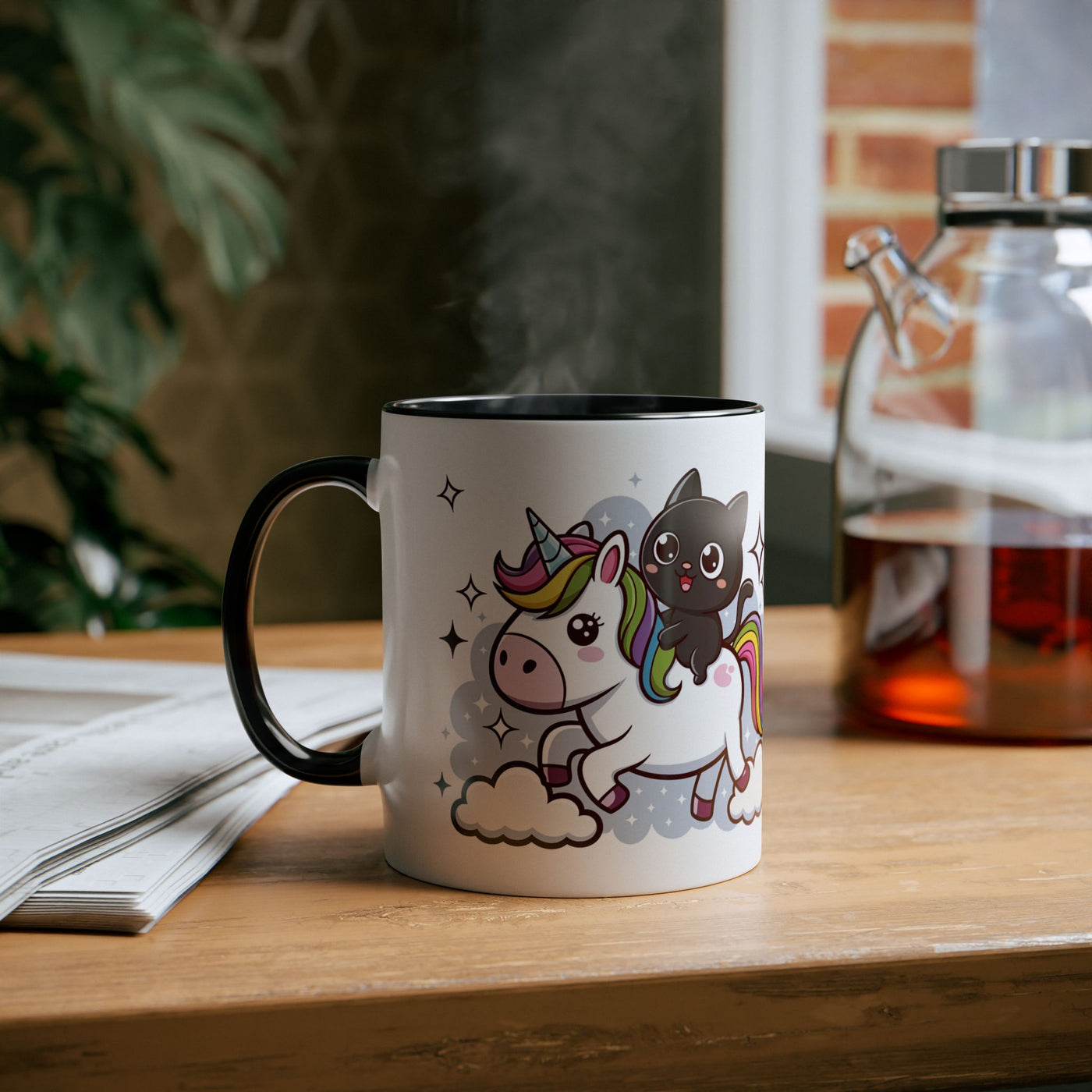 Giddy Sparkle Two-Tone Coffee Mug | 11oz Unicorn & Cat Design