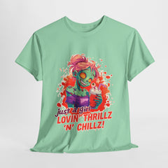 Just a Girl Lovin' Thrills Unisex Heavy Cotton Tee - Fun Gift for Parties, Casual Wear, Halloween, Everyday Style