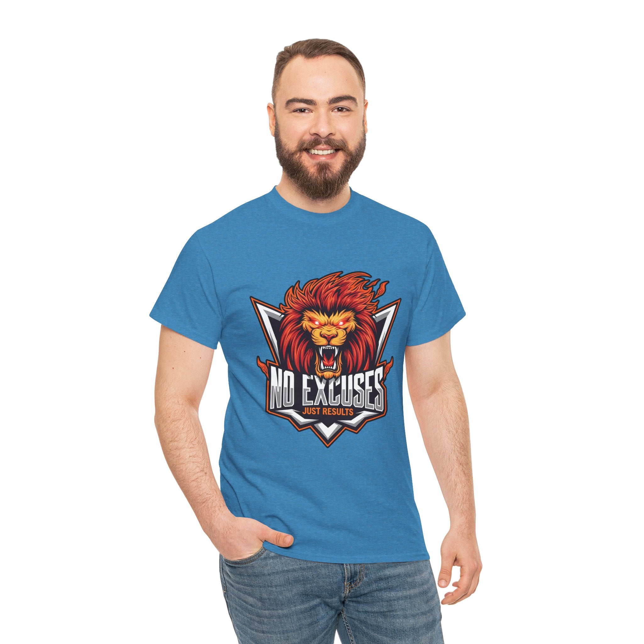 Motivational Lion Graphic Tee - 'No Excuses, Just Results'