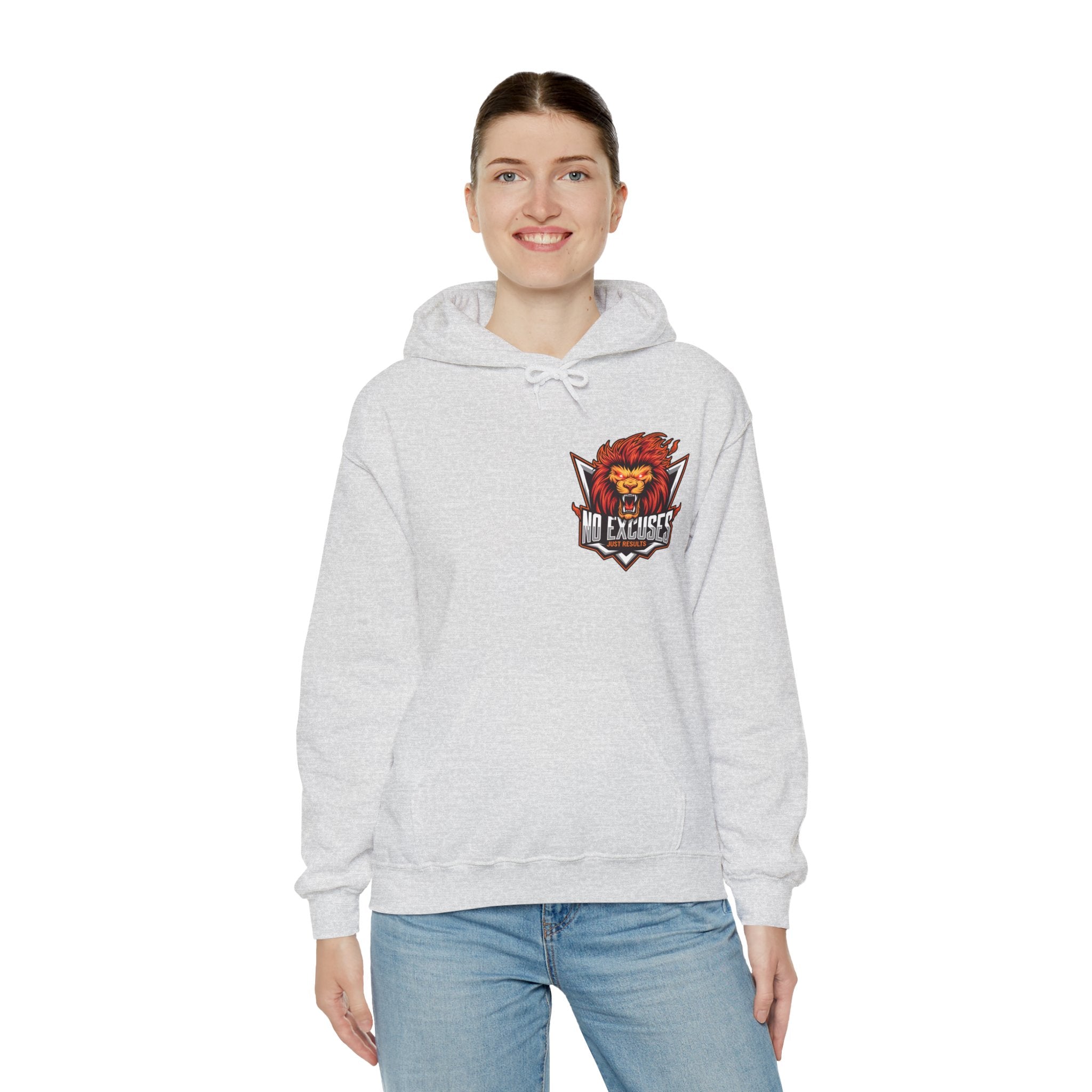 No Excuses Lion Graphic Hoodie - Motivational Unisex Heavy Blend Pullover for Fitness Enthusiasts