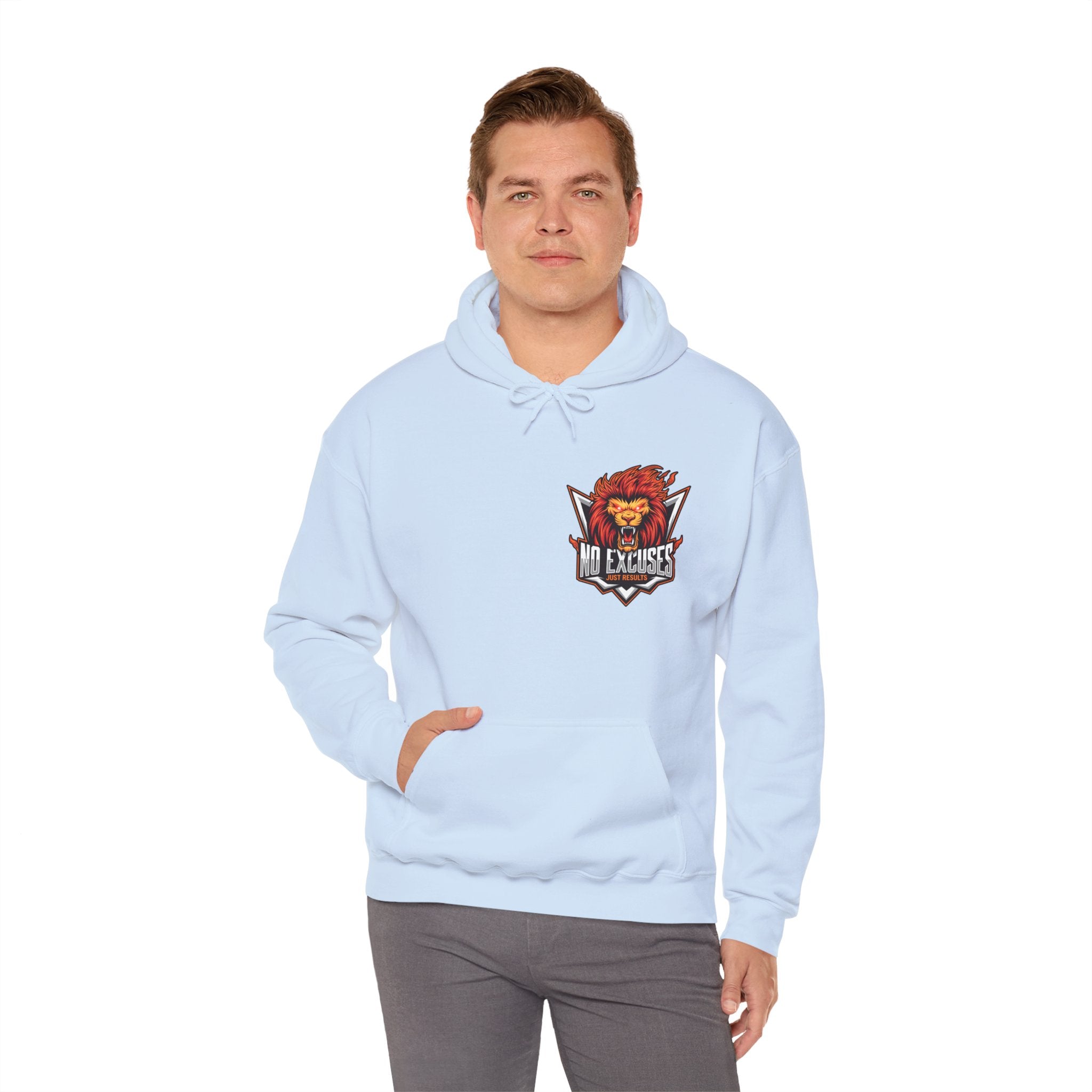 No Excuses Lion Graphic Hoodie - Motivational Unisex Heavy Blend Pullover for Fitness Enthusiasts