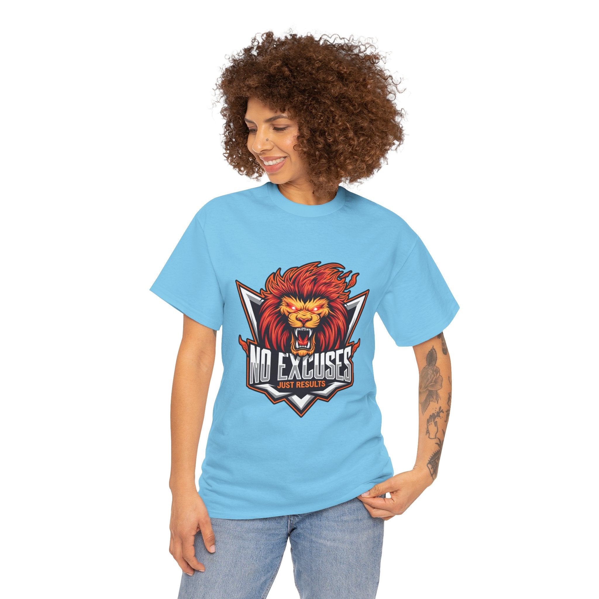 Motivational Lion Graphic Tee - 'No Excuses, Just Results'