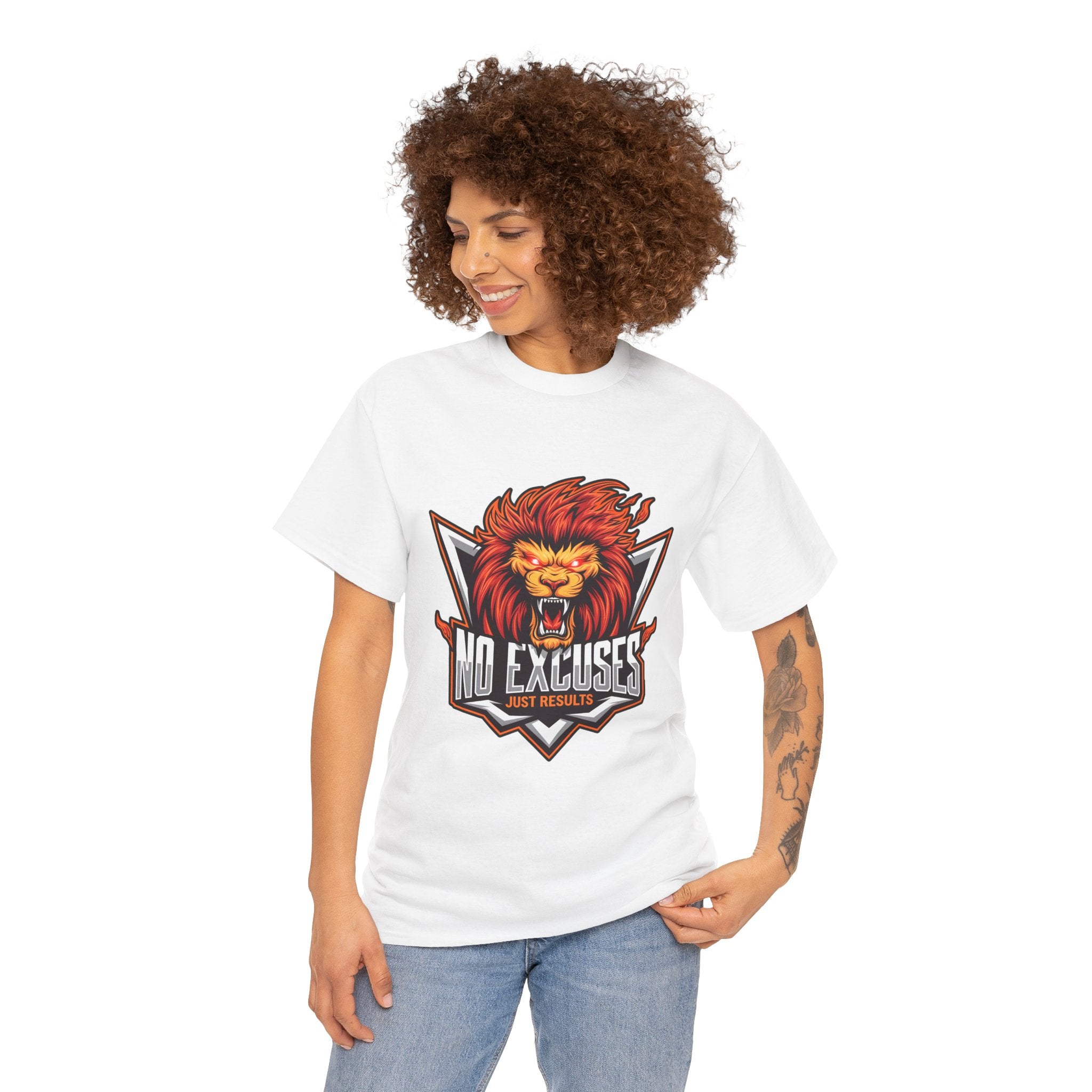 Motivational Lion Graphic Tee - 'No Excuses, Just Results'