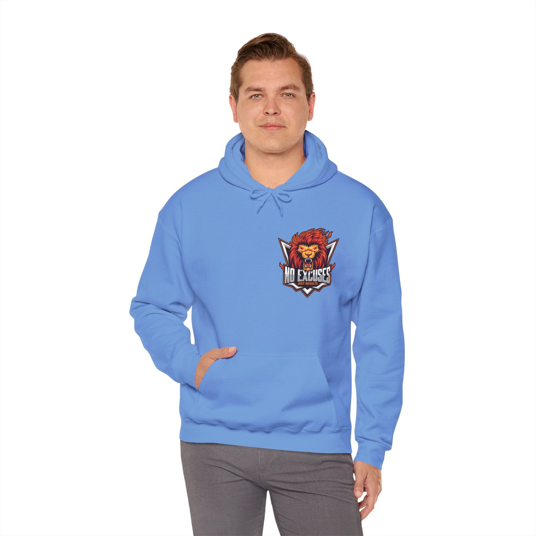 No Excuses Lion Graphic Hoodie - Motivational Unisex Heavy Blend Pullover for Fitness Enthusiasts