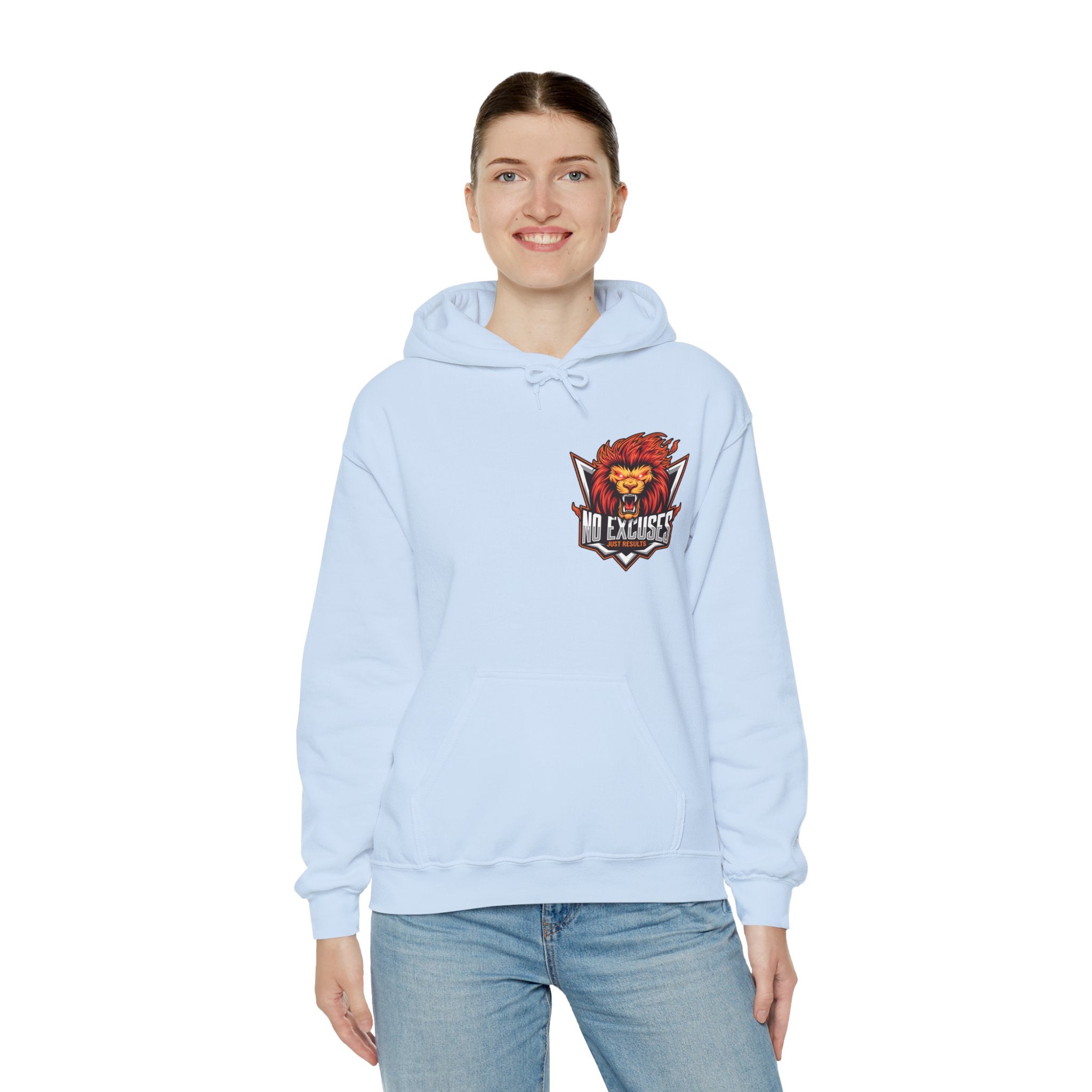 No Excuses Lion Graphic Hoodie - Motivational Unisex Heavy Blend Pullover for Fitness Enthusiasts