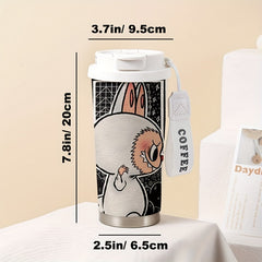 18oz Stainless Steel Insulated Travel Mug – Fun Bunny Print, Leak-Resistant Coffee Bottle with Strap | Hot & Cold Drinks for Hours | Reusable, Gift-Ready for Holidays, Travel, Gym