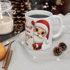Personalizowany kubek „Magia Świąt zaczyna się w sercu” – świąteczny kubek z Mikołajem i reniferem | Prezent na Święta | Biały ceramiczny kubek na kawę i herbatę