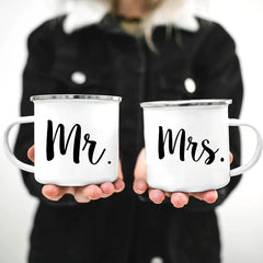 Mr & Mrs Enamel Camping Mugs – 330 ml Durable Metal Couples Cups for Outdoor Travel & Romantic Gifts